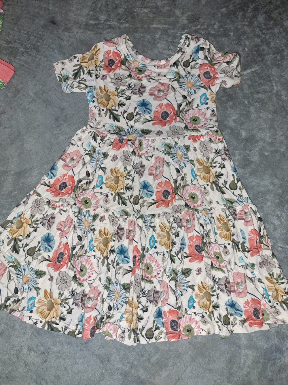 Bamboo Floral Tiered Short-Sleeve Kids Dress - Cream with Multi-Color Flowers